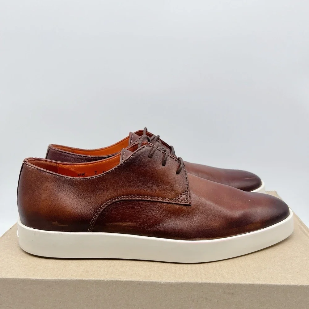 Santoni Atlantis Lace Up Plain Toe Dress Sneakers Shoes Dark Brown Leather US 8